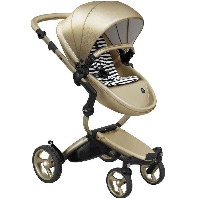 Mima - Xari 4G Complete Stroller, Gold Chassis/Gold Seat/Black& White Starter Pack