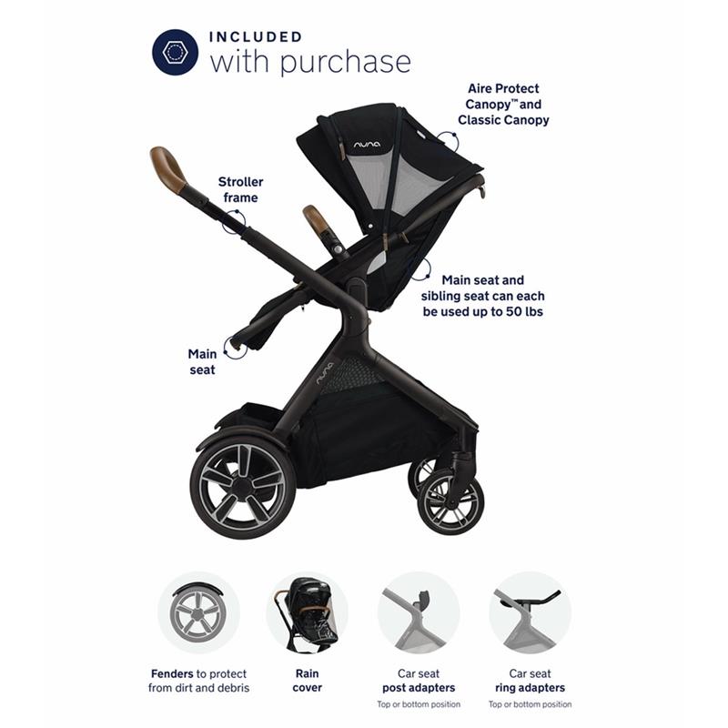 Nuna - DEMI Grow Stroller with Aire Protect Canopy + Classic Canopy, Caviar
